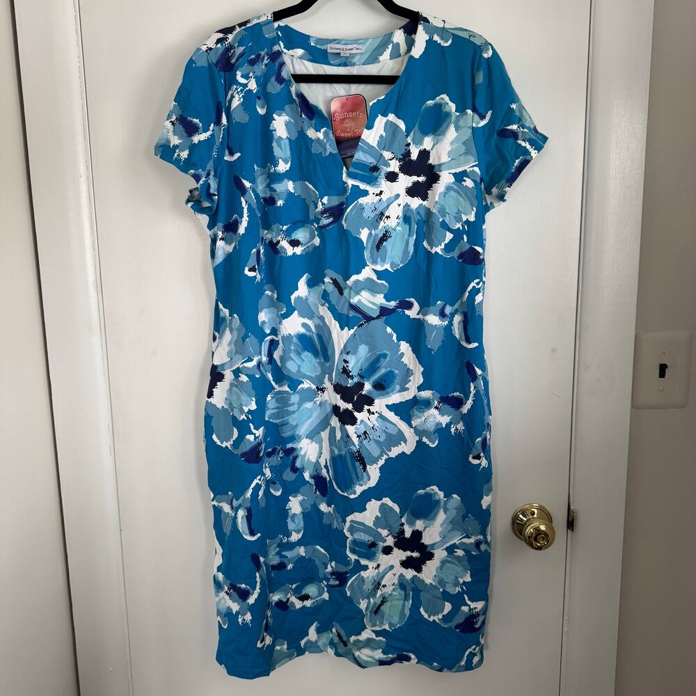 Sunsets & Sweet Tea Womens Anywhere Dress Blue Floral Shift Dress Size XL UPF 50